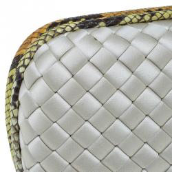 Pre Owned Bottega Veneta Off White Intrecciato Satin and Python Stretch Knot Clutch