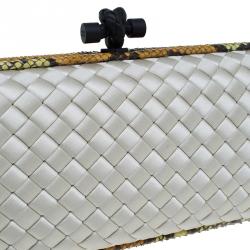 Pre Owned Bottega Veneta Off White Intrecciato Satin and Python Stretch Knot Clutch