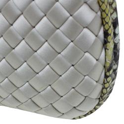 Pre Owned Bottega Veneta Off White Intrecciato Satin and Python Stretch Knot Clutch