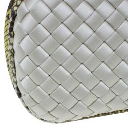 Pre Owned Bottega Veneta Off White Intrecciato Satin and Python Stretch Knot Clutch
