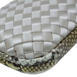 Pre Owned Bottega Veneta Off White Intrecciato Satin and Python Stretch Knot Clutch