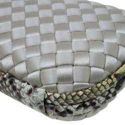 Pre Owned Bottega Veneta Off White Intrecciato Satin and Python Stretch Knot Clutch