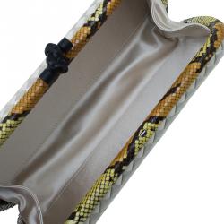 Pre Owned Bottega Veneta Off White Intrecciato Satin and Python Stretch Knot Clutch