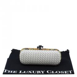 Pre Owned Bottega Veneta Off White Intrecciato Satin and Python Stretch Knot Clutch
