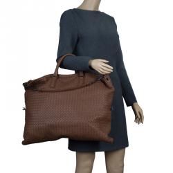 Pre Owned Bottega Veneta Brown Intrecciato Woven Nappa Leather Convertible Tote
