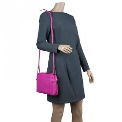 Pre Owned Bottega Veneta Pink Intrecciato Woven Leather Crossbody Bag