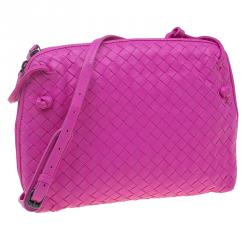 Pre Owned Bottega Veneta Pink Intrecciato Woven Leather Crossbody Bag