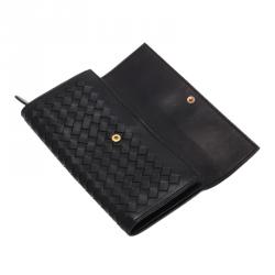 Pre Owned محفظة بوتيغا فينيتا كونتينينتال جلد إنترشياتو مغزول سوداء