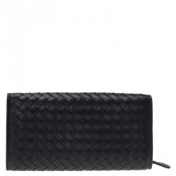 Pre Owned محفظة بوتيغا فينيتا كونتينينتال جلد إنترشياتو مغزول سوداء