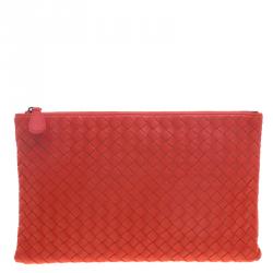 Bottega Veneta Red/Orange Intrecciato Woven Leather Medium Pouch