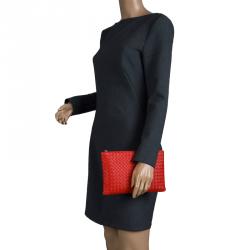 Bottega Veneta Red/Orange Intrecciato Woven Leather Medium Pouch