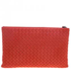 Bottega Veneta Red/Orange Intrecciato Woven Leather Medium Pouch