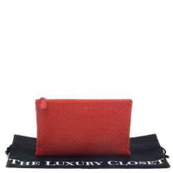 Bottega Veneta Red/Orange Intrecciato Woven Leather Medium Pouch