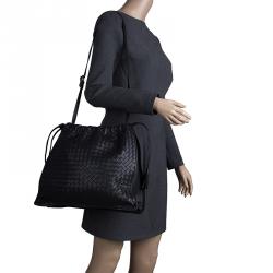Pre Owned Bottega Veneta Black Intrecciato Leather Drawstring Tote