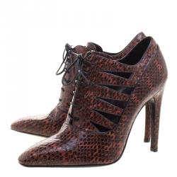 مملوكة مسبقًا Bottega Veneta Burgundy Python Cutout Lace-Up Ankle Boots Size 36