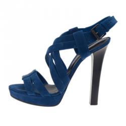 Pre Owned Bottega Veneta Blue Suede Criss Cross Platform Sandals Size 40