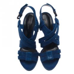Pre Owned Bottega Veneta Blue Suede Criss Cross Platform Sandals Size 40