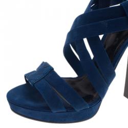 Pre Owned Bottega Veneta Blue Suede Criss Cross Platform Sandals Size 40