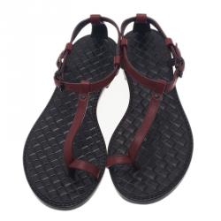 Pre Owned Bottega Veneta Red Leather Toe Ring Sandals Size 37