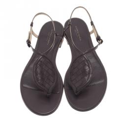 Pre Owned Bottega Veneta Brown Leather Intrecciato Thong Sandals Size 37