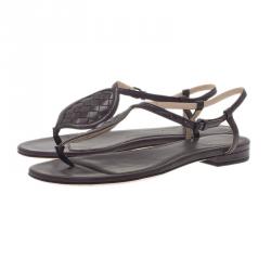 Pre Owned Bottega Veneta Brown Leather Intrecciato Thong Sandals Size 37