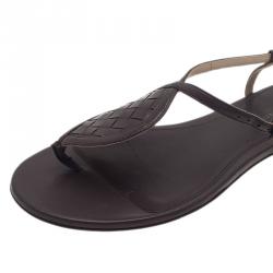 Pre Owned Bottega Veneta Brown Leather Intrecciato Thong Sandals Size 37