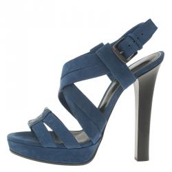 Pre Owned Bottega Veneta Blue Nubuck Criss Cross Platform Sandals Size 38