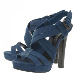 Pre Owned Bottega Veneta Blue Nubuck Criss Cross Platform Sandals Size 38