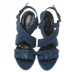 Pre Owned Bottega Veneta Blue Nubuck Criss Cross Platform Sandals Size 38