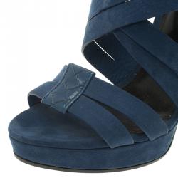 Pre Owned Bottega Veneta Blue Nubuck Criss Cross Platform Sandals Size 38