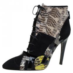 Pre Owned Bottega Veneta Black Suede and Python Lace Up Ankle Boots Size 38
