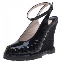 Pre Owned Bottega Veneta Black Intrecciato Patent Leather Jute Wedge Sandals Size 37