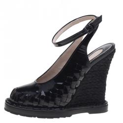 Pre Owned Bottega Veneta Black Intrecciato Patent Leather Jute Wedge Sandals Size 37