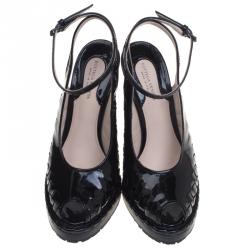 Pre Owned Bottega Veneta Black Intrecciato Patent Leather Jute Wedge Sandals Size 37