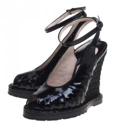 Pre Owned Bottega Veneta Black Intrecciato Patent Leather Jute Wedge Sandals Size 37