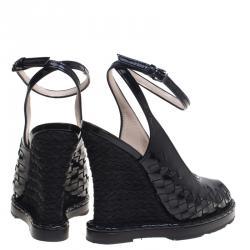 Pre Owned Bottega Veneta Black Intrecciato Patent Leather Jute Wedge Sandals Size 37