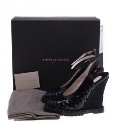 Pre Owned Bottega Veneta Black Intrecciato Patent Leather Jute Wedge Sandals Size 37