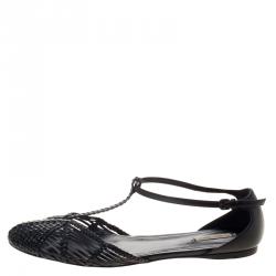 Pre Owned Bottega Veneta Black Woven Leather T Strap Ballerina Flats Size 39
