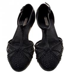 Pre Owned Bottega Veneta Black Woven Leather T Strap Ballerina Flats Size 39