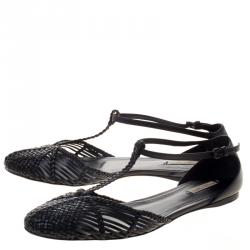 Pre Owned Bottega Veneta Black Woven Leather T Strap Ballerina Flats Size 39