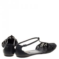 Pre Owned Bottega Veneta Black Woven Leather T Strap Ballerina Flats Size 39