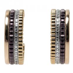 Pre Owned Boucheron Quatre Classic Diamonds Brown Ceramic Gold Hoops Earrings