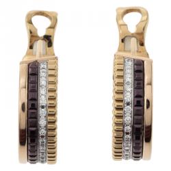 Pre Owned Boucheron Quatre Classic Diamonds Brown Ceramic Gold Hoops Earrings
