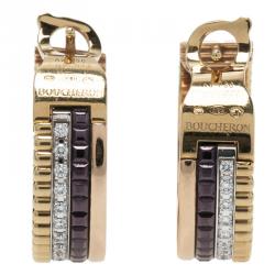 Pre Owned Boucheron Quatre Classic Diamonds Brown Ceramic Gold Hoops Earrings
