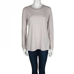 Pre Owned Brunello Cucinelli Grey Cotton Embellished Neck Detail Long Sleeve Top XXL