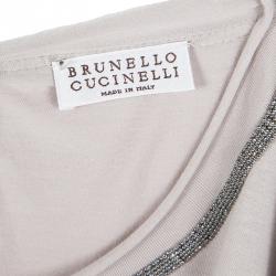 Pre Owned Brunello Cucinelli Grey Cotton Embellished Neck Detail Long Sleeve Top XXL