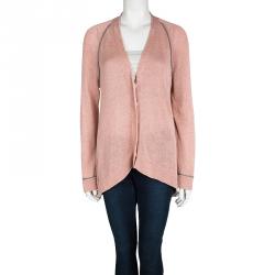 Pre Owned Brunello Cucinelli Pink Cotton Knit Beaded Trim Detail High Low Cardigan L