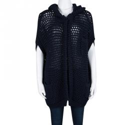Pre Owned Brunello Cucinelli Navy Blue Chunky Knit Oversized Open Front Hooded Cardigan XS