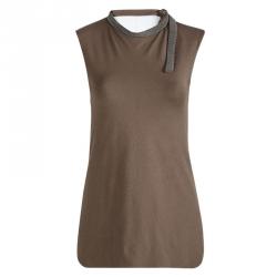 Pre Owned Brunello Cucinelli Brown Jersey Embellished Neck Detail Sleeveless Top S