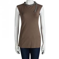 Pre Owned Brunello Cucinelli Brown Jersey Embellished Neck Detail Sleeveless Top S